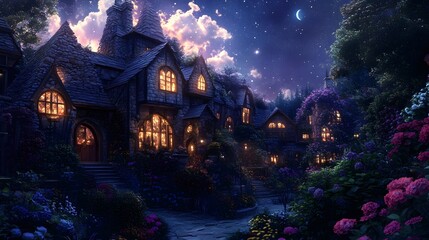 A charming village where houses are made of glowing stones and gardens burst with vibrant flowers under a moonlit sky