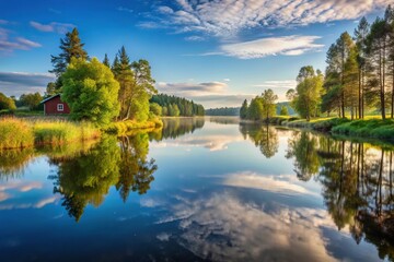 Obraz premium serene morning reflections calm river Swedish countryside wide-angle