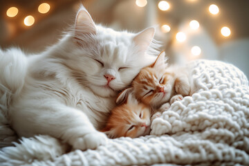 Obraz premium Adorable fluffy white mother cat and her baby kitten, sleeping lying on a white blanket, in a serene and peaceful moment