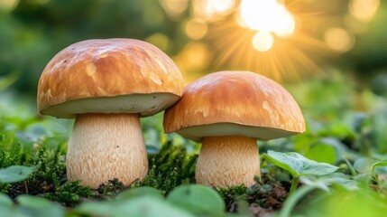 Two Boletus Edulis Mushrooms Growing in the Forest