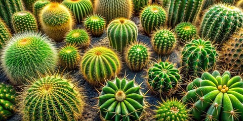Fototapeta premium A vibrant display of diverse cactus species, showcasing their unique textures, shapes, and spines, creating a captivating visual tapestry of nature's resilience and beauty.
