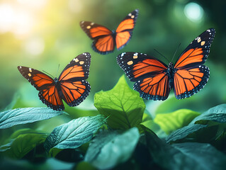 Fototapeta premium Vibrant Orange Butterfly in Serene Garden Close-Up Among Colorful Flowers and Green Leaves
