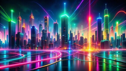 A Cityscape Illuminated by Vibrant Neon Lights, Reflecting on a Smooth, Wet Surface, With Intertwining Lines of Color Forming an Abstract Pattern