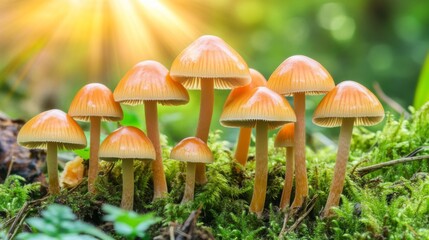 Fototapeta premium Cluster of Orange Mushrooms Growing in Mossy Forest Floor