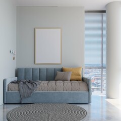 cute contemporary kids bedroom with blue sofa bed and mockup poster frame. 3d illustration