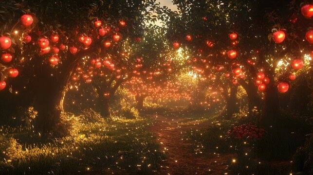 A magical fruit orchard where the trees bear glowing fruit inviting creatures to gather and feast