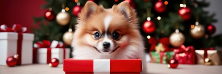 Cute Pomeranian puppy, Christmas setting, gift box, red ornaments, pine cones, festive lights, blurred Christmas tree background, soft focus, warm tones, holiday atmosphere, fluffy fur, adorable expre