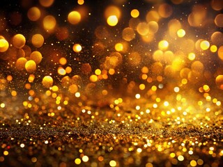 Glistening gold particles dance in the shadows, enhanced by a captivating bokeh effect on a rich, dark festive background, ideal for joyous celebrations and events.
