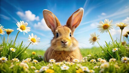 Fototapeta premium Happy Easter! May this season bring you warmth, joy, and blooming beauty. Celebrate with cheerful rabbits and lovely daisies, creating cherished memories with loved ones.