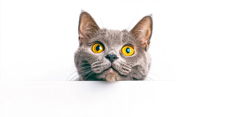 A wide-eyed gray cat with vibrant yellow eyes curiously peeks above a white surface, exuding an aura of playfulness and intrigue. Ai generated