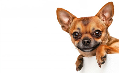 Obraz premium Cheerful Chihuahua with big ears peeking over a white surface against a rustic wall. Displays curiosity, happiness, and playfulness. Ai generated