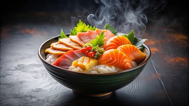 Steaming bowl of rice topped with fresh, colorful fish slices, garnished with green leaves and red berries