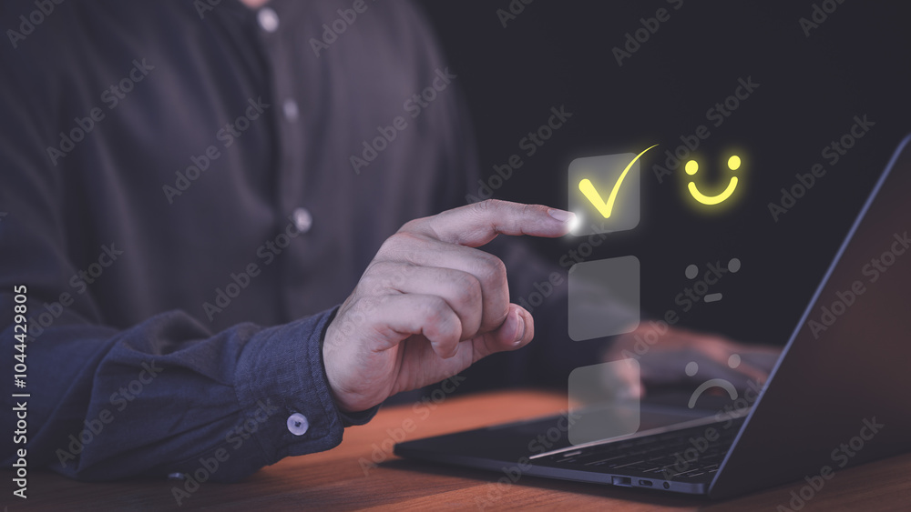 Fototapete Customer select a happy face icon on a feedback scale with neutral and sad face options below. Concept symbolized customer satisfaction, online reviews, decision-making in user experience evaluation.