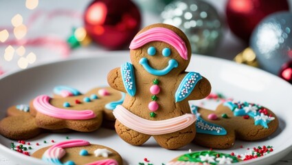 Obraz premium Christmas cookies, gingerbread bears, colorful icing, festive decorations, sprinkles, candy canes, white plate, bokeh lights, holiday spirit, cute designs, pastel colors, whimsical treats, detailed fr