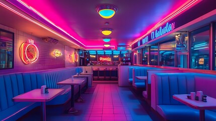 Neon Diner Interior with Blue Booths