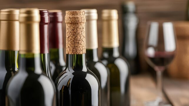 Recycled cork packaging for wine bottles, close-up of natural textures, sustainable, photorealistic clarity