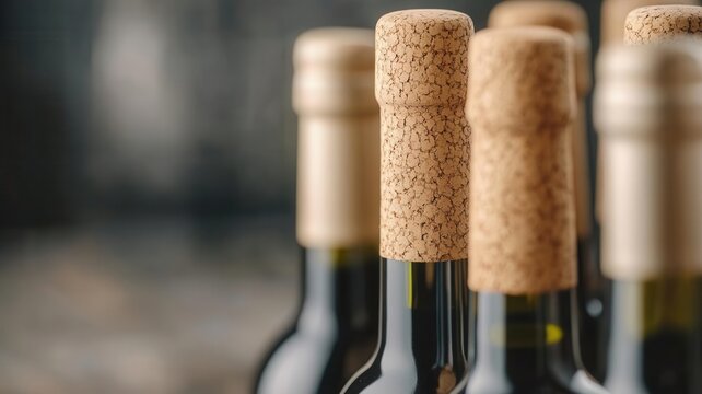 Recycled cork packaging for wine bottles, close-up of natural textures, sustainable, photorealistic clarity