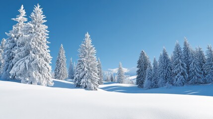 Naklejka premium A serene winter landscape of snow-covered trees in a frosty forest with a clear blue sky and snowy mountains in the background