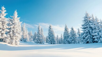 Fototapeta premium A serene winter landscape of snow-covered trees in a frosty forest with a clear blue sky and snowy mountains in the background