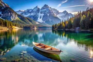Obraz premium Serene mountain lake with rowboat and snowy peaks high angle