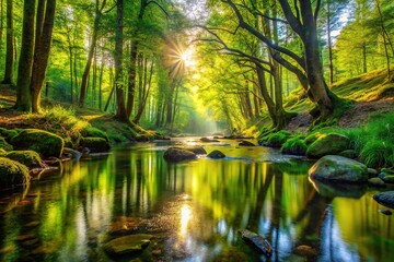 Fototapeta premium In a serene landscape, a quiet forest stream reflects vibrant greenery, warmed by soft sunlight, creating a peaceful ambiance that encourages tranquility and contemplation.