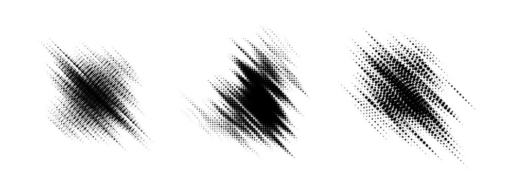 Glitch halftone line element set. Dotted texture diagonal form collection. Grunge jagged comic pop art shapes for banner, poster, collage, overlay, label, box, blot. Distressed vector bundle