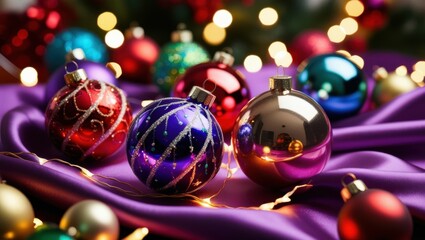 Obraz premium Christmas ornaments, colorful glass baubles, purple velvet fabric, bokeh lights, festive decorations, macro photography, shallow depth of field, vibrant colors, holiday mood, shiny spheres, reflective