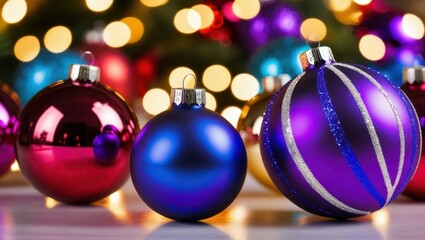 Fototapeta premium Christmas ornaments, colorful glass baubles, purple velvet fabric, bokeh lights, festive decorations, macro photography, shallow depth of field, vibrant colors, holiday mood, shiny spheres, reflective
