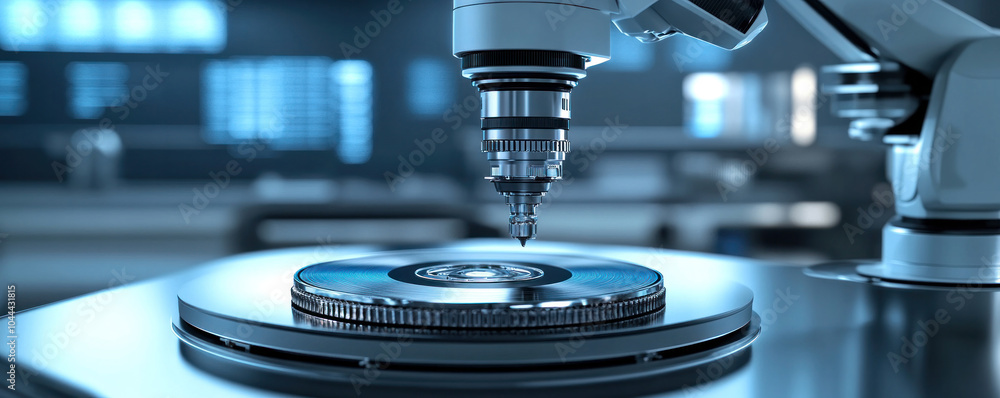 Poster a machine is making a disk. the disk is made of metal. the machine is in a lab