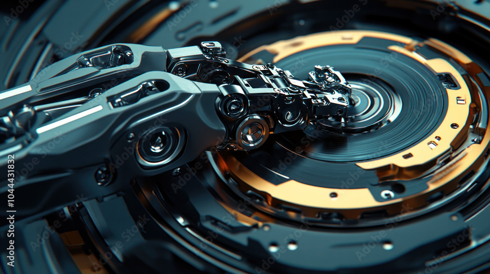 Poster a robot arm is shown in a close up of a large circular object. the robot arm is surrounded by a lot 