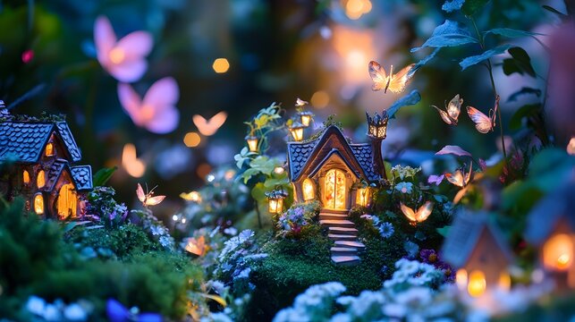 A fantastical fairy garden with miniature houses glowing softly and tiny creatures flitting about
