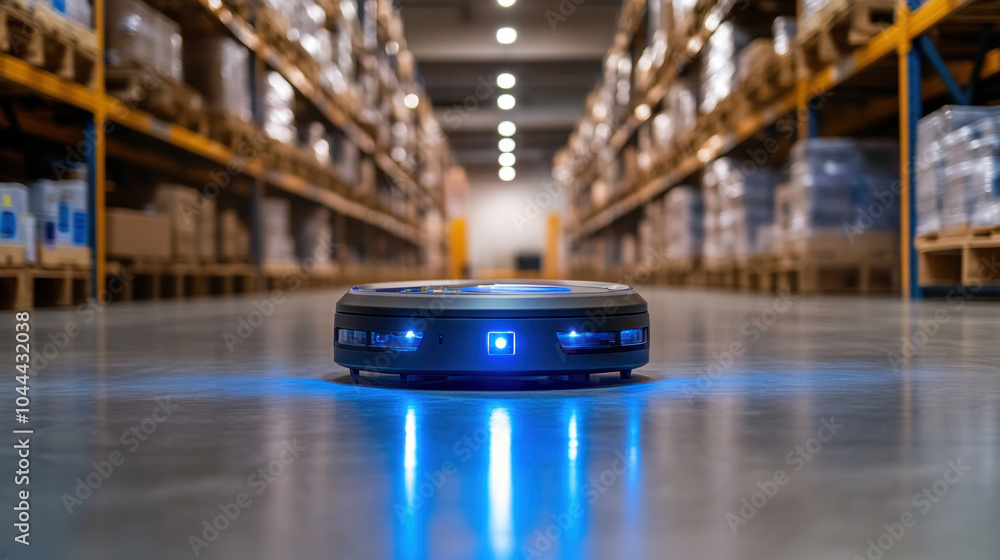 Poster a robot is standing in the middle of a large warehouse with blue lights. the warehouse is filled wit