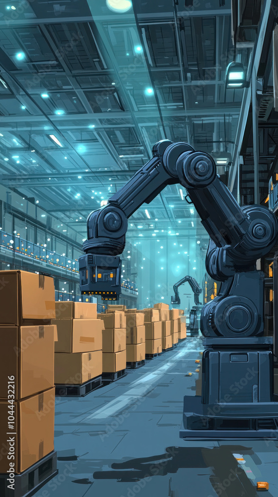 Poster a robot is in a factory with boxes. the robot is blue and has a long arm