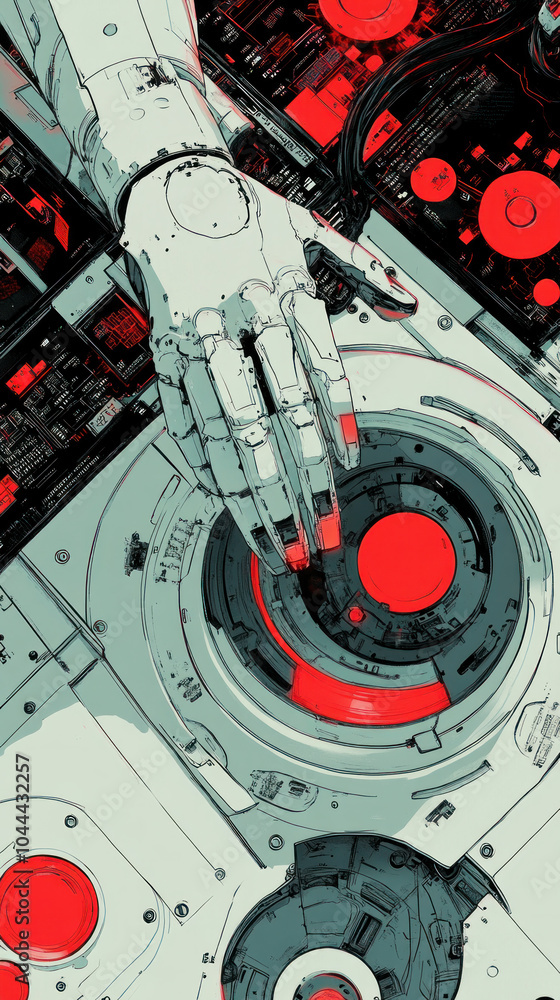 Poster a robot hand is on a red circle. the image is a mix of red and white colors