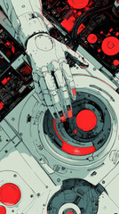 A robot hand is on a red circle. The image is a mix of red and white colors