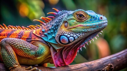 Fototapeta premium Close up of colorful iguana perched on a branch , reptile, lizard, wildlife, exotic, tropical, scales, camouflage, nature, close up