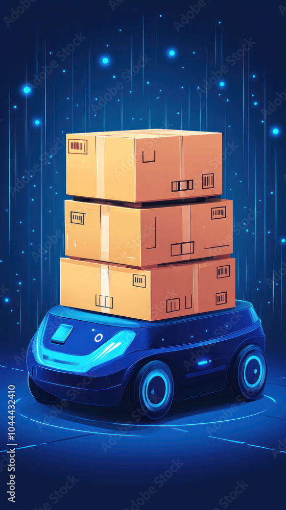 Poster a blue robot is carrying a stack of boxes. the robot is small and he is a delivery robot
