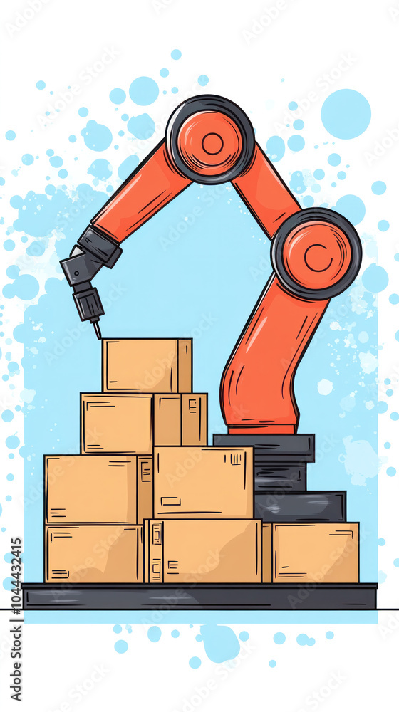 Poster a robot is working on a stack of boxes. the robot is orange and has a drill on its arm. the boxes ar