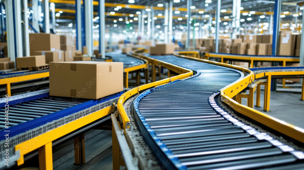 Poster a conveyor belt in a warehouse with boxes on it. the boxes are stacked in a row and are moving along