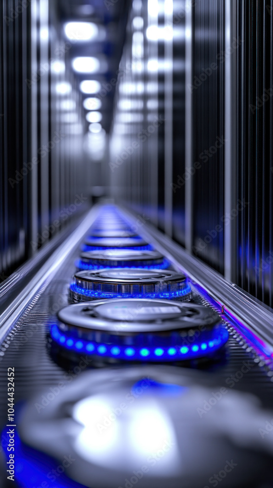 Poster a row of blue glowing objects are lined up in a row. the objects are glowing blue and appear to be p