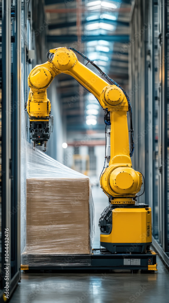 Poster a yellow robot is in a warehouse, and it is holding a box. the robot is surrounded by a white box, a