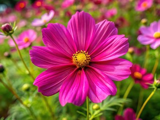 Fototapeta premium In the garden, a beautiful pink sulfur cosmos flower captivates with its delicate beauty, vividly displayed in selective focus, showcasing nature's intricate details and vibrant hues.