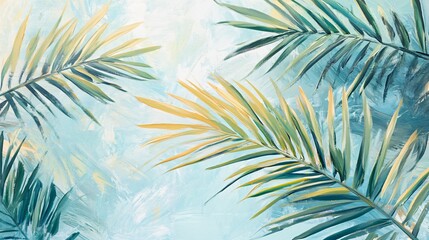 Tropical Palm Leaves Painting with Blue and Yellow Tones