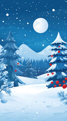 A winter scene with a full moon in the sky. The moon is surrounded by snow and the trees are bare. The scene is peaceful and serene