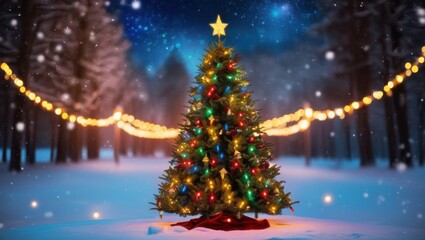 Obraz premium Christmas tree, colorful lights, ornaments, snow, bokeh, nighttime, festive, magical, winter scene, glowing, starry topper, holiday atmosphere, bright colors, soft focus background, outdoor setting, s