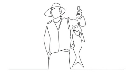 Obraz premium continuous line drawing of fisherman.one line drawing of fisherman lifting big fish.line art of fisherman man showing off caught fish.single line vector illustration.isolated white background