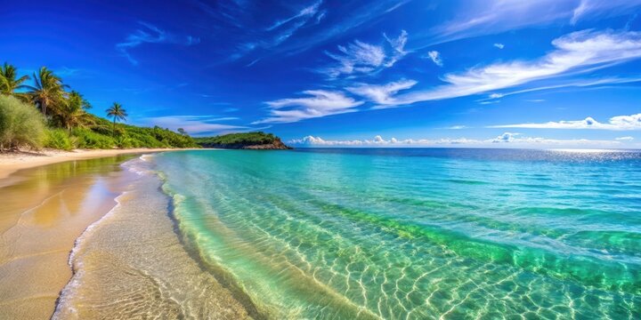 Sunny beach day with clear blue skies and crystal clear water , Summer, beach, vacation, sand, waves, relaxation, sun