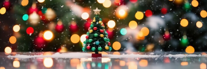 Obraz premium Christmas tree ornaments, colorful bokeh lights, festive decorations, reflective surface, holiday ambiance, glowing spheres, winter scene, magical atmosphere, sparkling lights, blurred background, sea