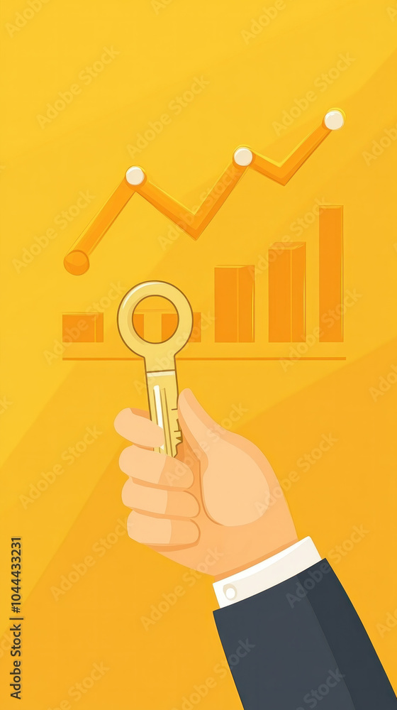 Poster a hand holding a key with a yellow background with graphs and numbers. the key is being used to unlo