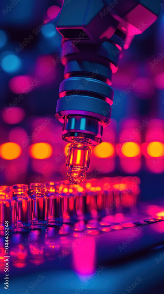 Poster a close up of a lab with a machine that is spraying a liquid into a container. the liquid is orange 